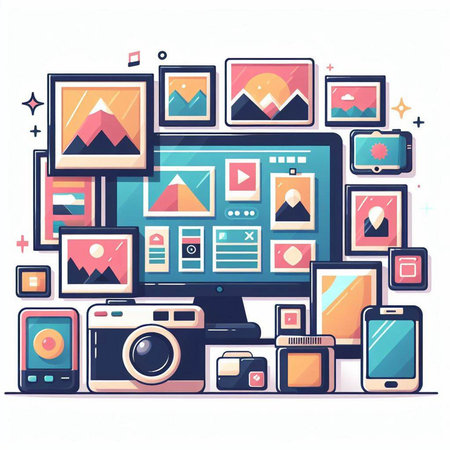 Modern flat design vector illustration concept of web and mobile application development. Collection of social media icons.のイラスト素材