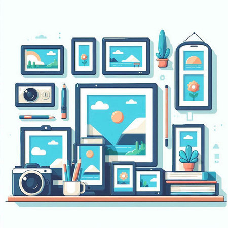 Flat design vector illustration concept of creative workspace with modern gadgets and office supplies.のイラスト素材