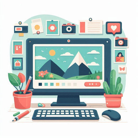 Computer screen with photo and video icons. Flat design vector illustration.のイラスト素材