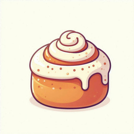 Cinnamon bun with whipped cream. Vector illustration in cartoon style.のイラスト素材