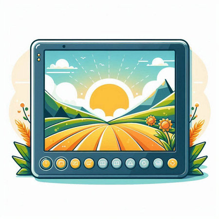 Graphic tablet with farm landscape on the screen. Vector illustration.のイラスト素材