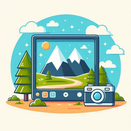 Vector illustration of a landscape with a camera in a flat style.のイラスト素材