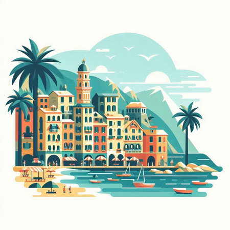 Vintage vector illustration of old town in flat style with palm trees.のイラスト素材