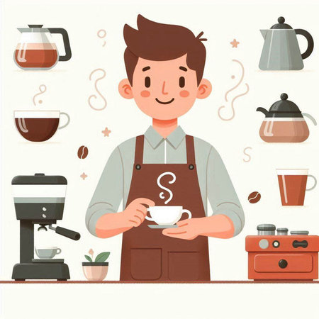 Coffee shop. A man in apron holding a cup of coffee. Vector illustrationのイラスト素材