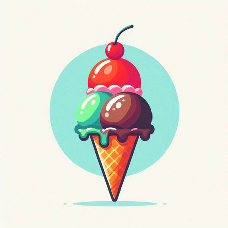 Ice cream in a waffle cone with cherry, vector illustration.のイラスト素材