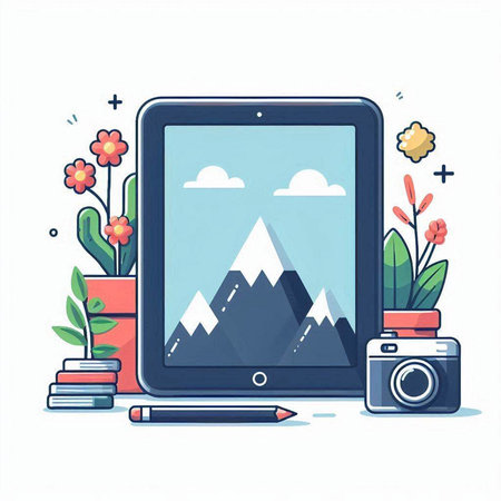 Tablet computer with mountains and flowers. Vector illustration of a flat design.のイラスト素材