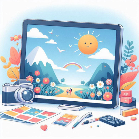 Laptop, camera and other items on the table. Vector illustration.のイラスト素材