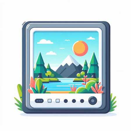 Vector illustration of a tablet with a view of the lake and mountainsのイラスト素材