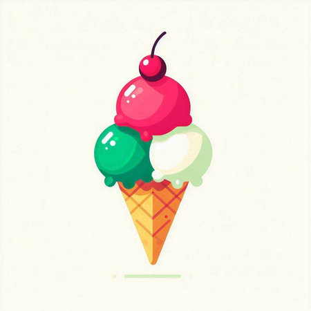 Ice cream in a waffle cone with cherry. Vector illustration.のイラスト素材