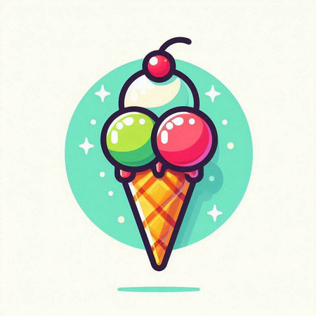 Ice cream cone with cherry and ice cream balls. Vector illustration.のイラスト素材