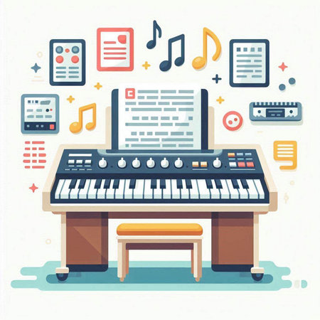 Vector illustration in flat design of electronic music concept with piano, keyboard, note, headphones, keyboard.のイラスト素材
