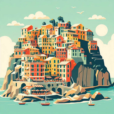 Retro style illustration of Riomaggiore, Italy.のイラスト素材