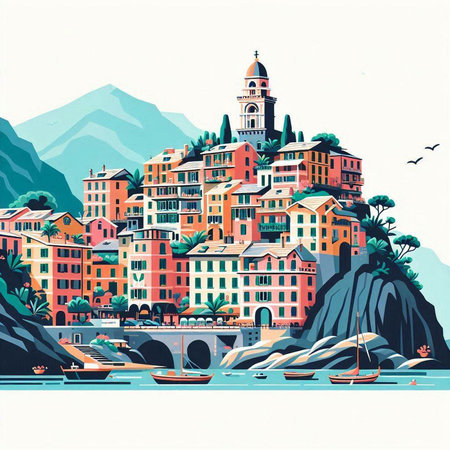 Watercolor illustration of the city of Cinque Terre, Italyのイラスト素材