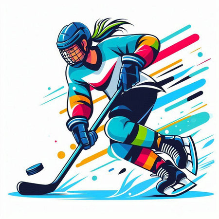 Ice hockey player with the stick and puck. Colorful vector illustration.のイラスト素材