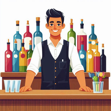 Cartoon bartender standing behind the counter in a bar. Vector illustrationのイラスト素材