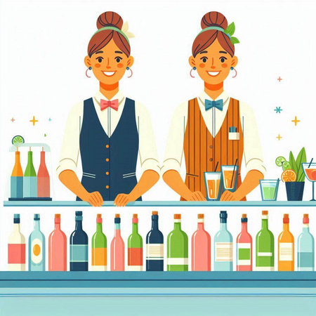 Two female bartender standing at the bar counter. Vector illustration in flat style.のイラスト素材