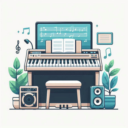 Musical instruments flat vector illustration. Piano, synthesizer, piano, note book, loudspeakers and plants on white background.のイラスト素材
