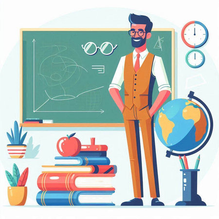 Teacher in front of blackboard. Vector illustration in flat styleのイラスト素材