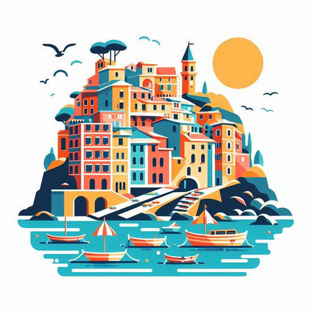 Vector illustration of the island of Cinque Terre, Italyのイラスト素材