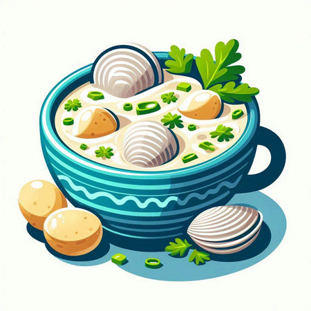 Creamy soup with dumplings and parsley, vector illustrationのイラスト素材