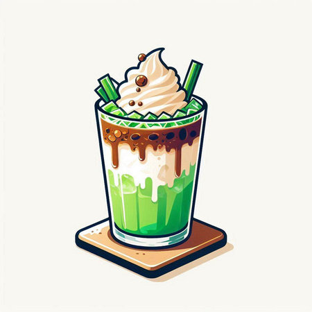 Iced green tea with whipped cream and chocolate. Vector illustration.のイラスト素材