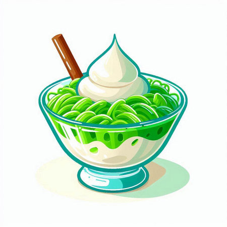 Green noodles with sour cream in a glass bowl. Vector illustration.のイラスト素材