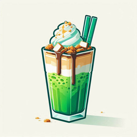 Iced green tea with whipped cream in glass. Vector illustration.のイラスト素材