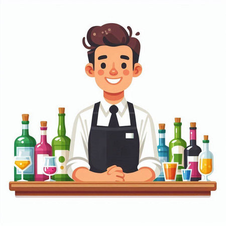 Bartender in apron standing at the bar counter. Vector illustrationのイラスト素材