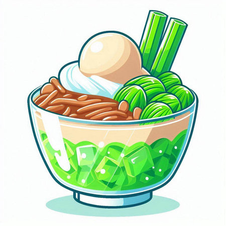 Illustration of a bowl of rice noodles with ice cream and vegetablesのイラスト素材