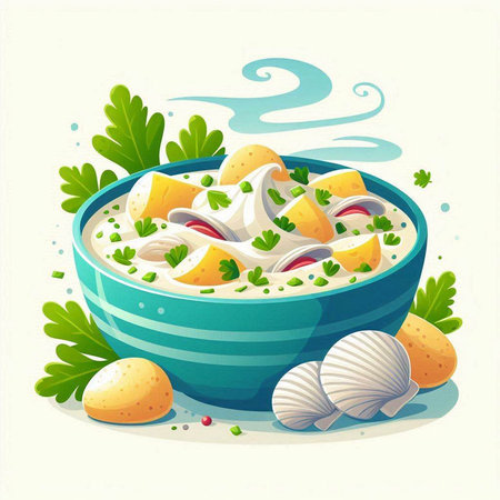 Vector illustration of a bowl of potato cream soup with parsley and dillのイラスト素材