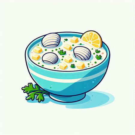 Creamy soup with fish in a bowl. Vector illustration.のイラスト素材
