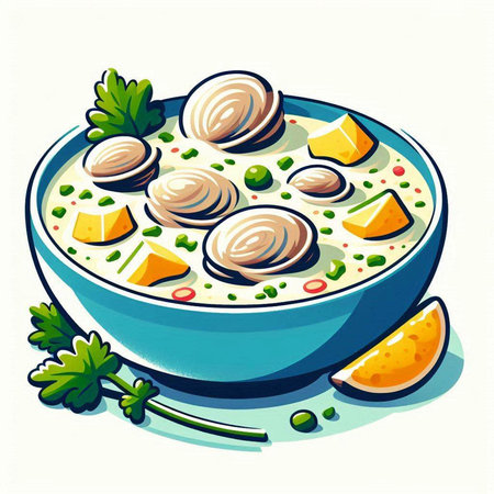 Illustration of a bowl of soup with clams, lemon and parsleyのイラスト素材
