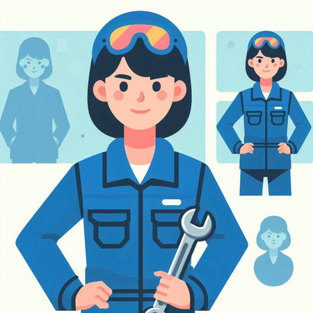 Vector illustration of a woman mechanic in uniform holding a spanner.のイラスト素材