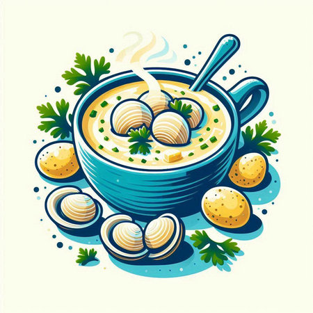 Creamy soup with dumplings and parsley, vector illustrationのイラスト素材