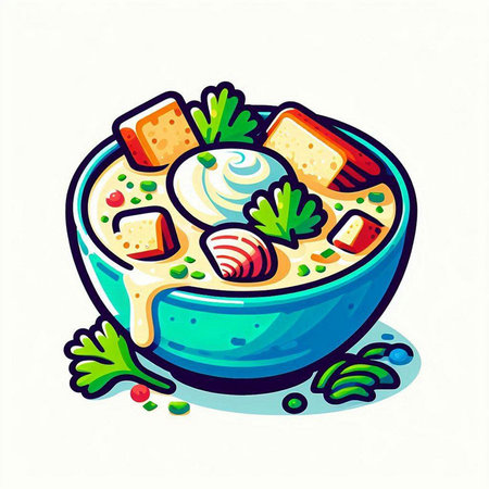 Vector illustration of soup in bowl with croutons and greens.のイラスト素材