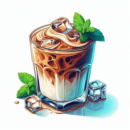 Iced coffee with ice cubes and mint leaves. Vector illustration.のイラスト素材