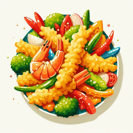 Illustration of a bowl of deep fried shrimps and vegetablesのイラスト素材