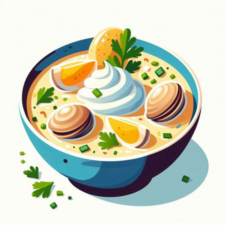 Vector illustration of soup with clams, parsley and sour creamのイラスト素材