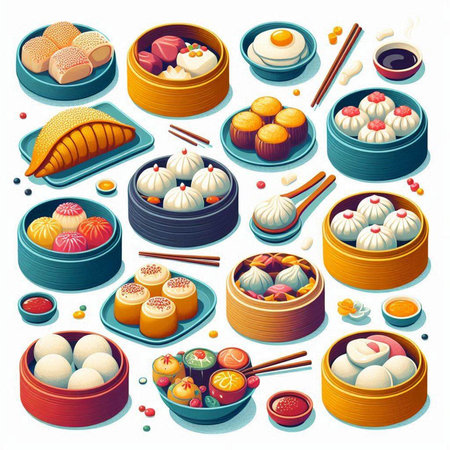 Chinese dumplings in dim sum bowl set with chinese food isolated vector illustrationのイラスト素材