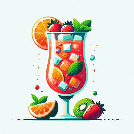 Cocktail with ice, fruits and mint. Vector illustration.のイラスト素材