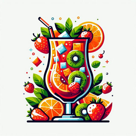 Fruit cocktail with kiwi, strawberries and oranges. Vector illustration.のイラスト素材