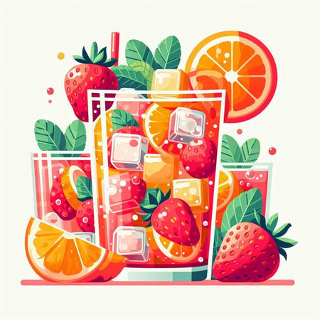 Fruit cocktail with strawberries, orange and ice. Vector illustration.のイラスト素材