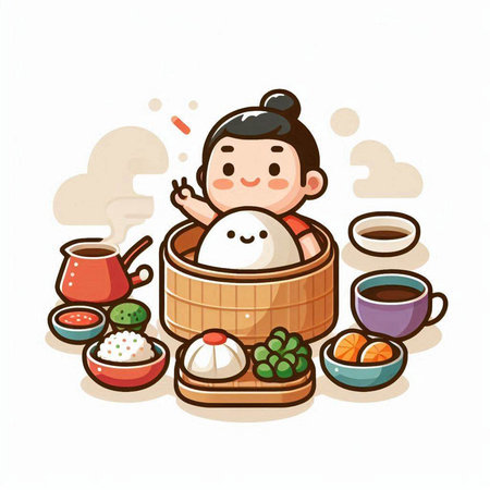 Illustration of a Kid Eating a Steamed Dumpling in a Sushi Bowlのイラスト素材