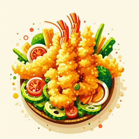 Illustration of tempura with shrimps and vegetables on plateのイラスト素材