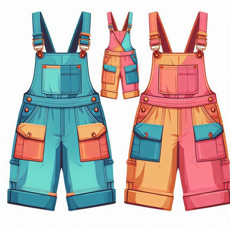 Vector set of work overalls with pockets and straps. Workwear for work in the field.のイラスト素材