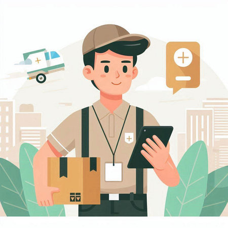 Delivery man with parcel and mobile phone. Flat style vector illustration.のイラスト素材