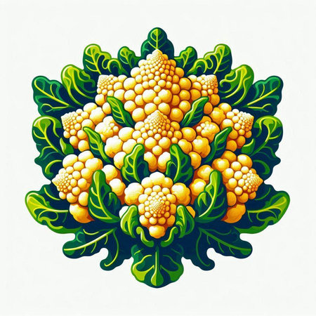 Illustration of cauliflower with green leaves on a white background.のイラスト素材