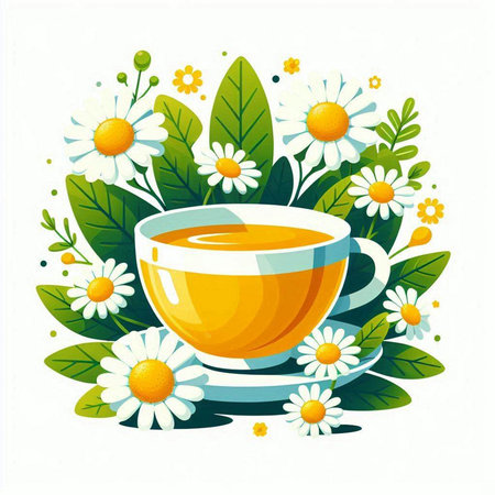 Cup of tea with chamomile flowers. Vector illustration.のイラスト素材