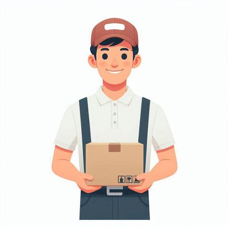 Smiling delivery man in uniform holding a box. Vector illustration in cartoon styleのイラスト素材