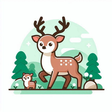 Cute reindeer and cat in the forest. Vector illustrationのイラスト素材
